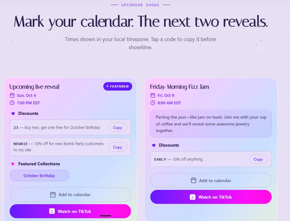 Customer calendar showing upcoming live shows and their details