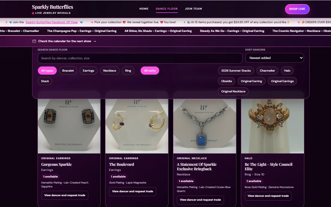 Dance Floor showing jewelry listings, search, and filters