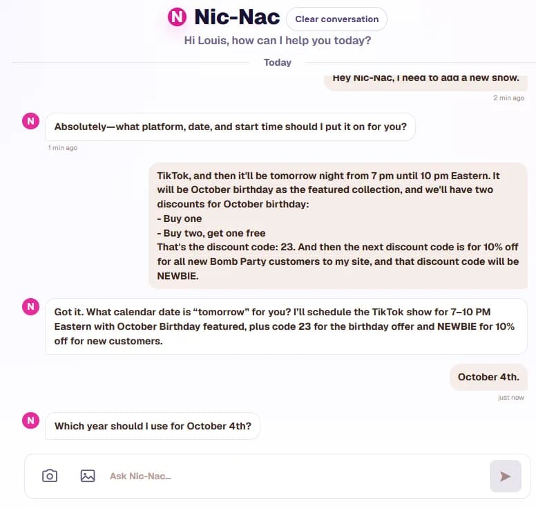 Existing Nic-Nac conversation gathering the platform, date, and time for a new show