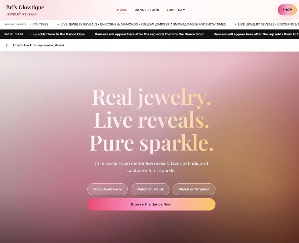 Recorded website header and complete hero from Bri’s Glowtique
