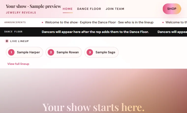 Customer site with announcement ticker, Dance Floor ticker and Live Lineup. Select View full lineup to see the complete list.