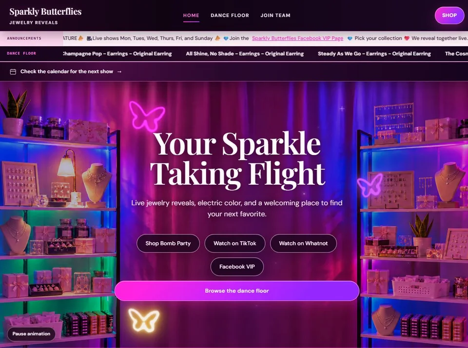 Recorded website header and complete hero from Sparkly Butterflies